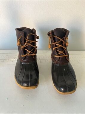 Sperry Brown Leather and Black Rubber Duck Boots with Tan Laces